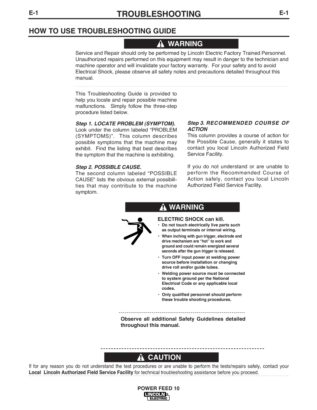 Lincoln Electric IM584-D manual 1TROUBLESHOOTINGE-1, HOW to USE Troubleshooting Guide 