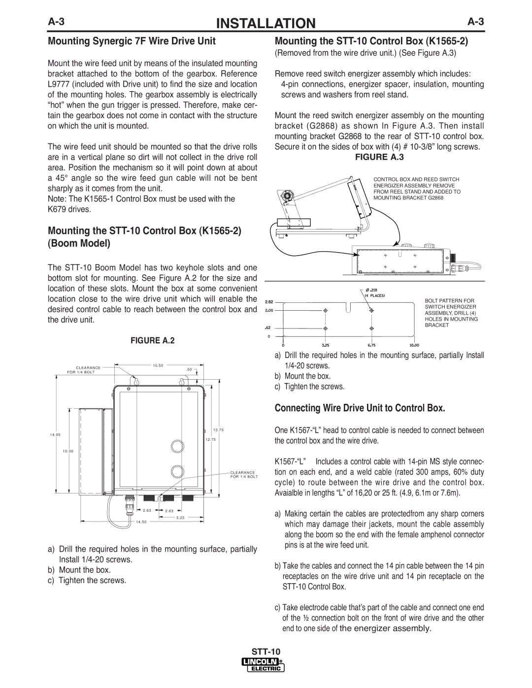 Lincoln Electric IM586-B manual Mounting Synergic 7F Wire Drive Unit, Mounting the STT-10 Control Box K1565-2 Boom Model 