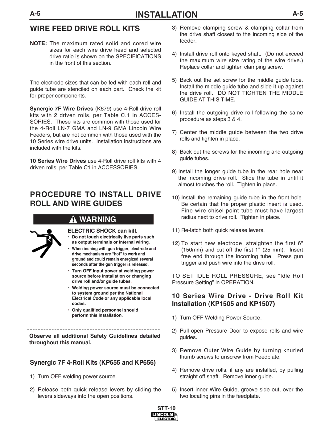 Lincoln Electric IM586-B manual Wire Feed Drive Roll Kits, Procedure to Install Drive Roll and Wire Guides 