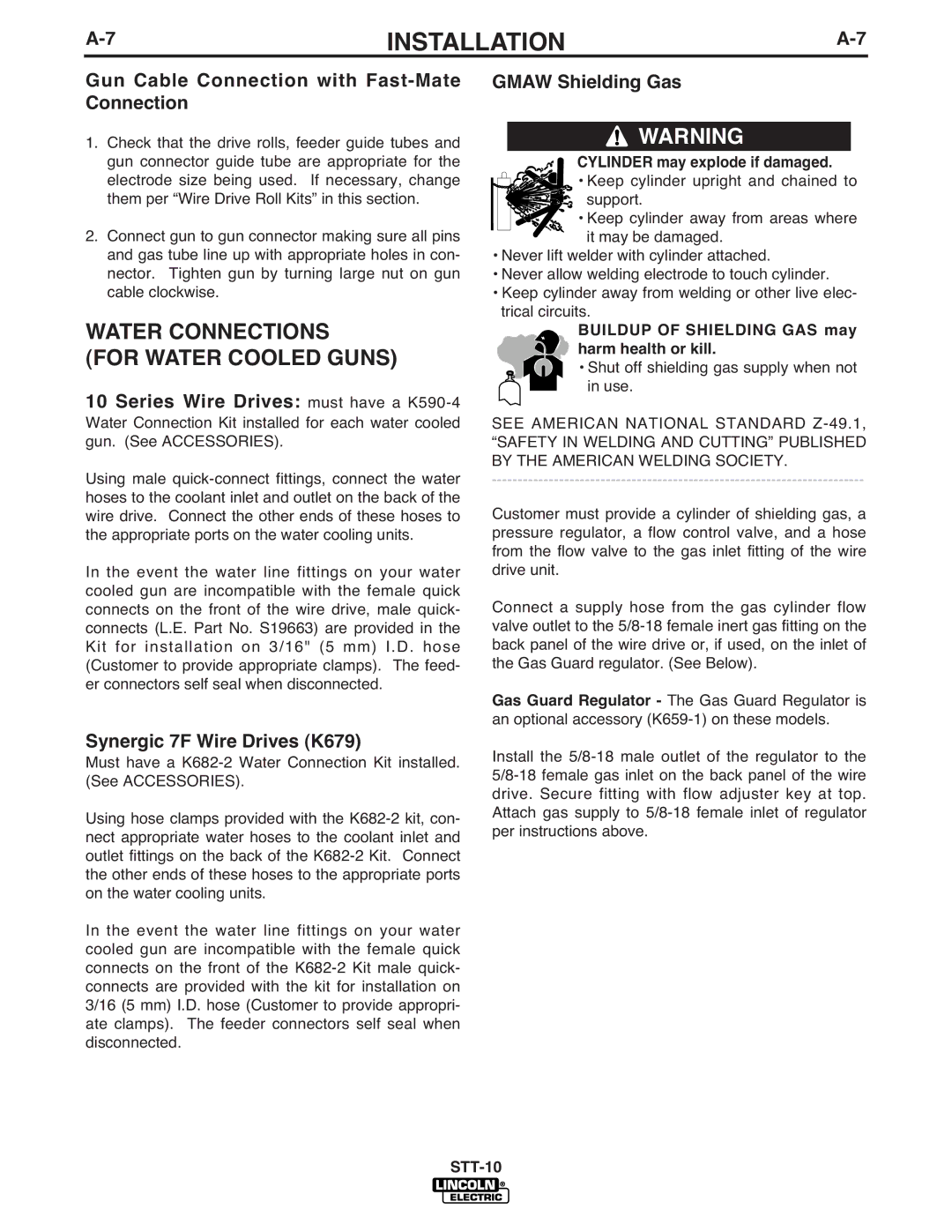 Lincoln Electric IM586-B manual Water Connections for Water Cooled Guns, Gun Cable Connection with Fast-Mate Connection 