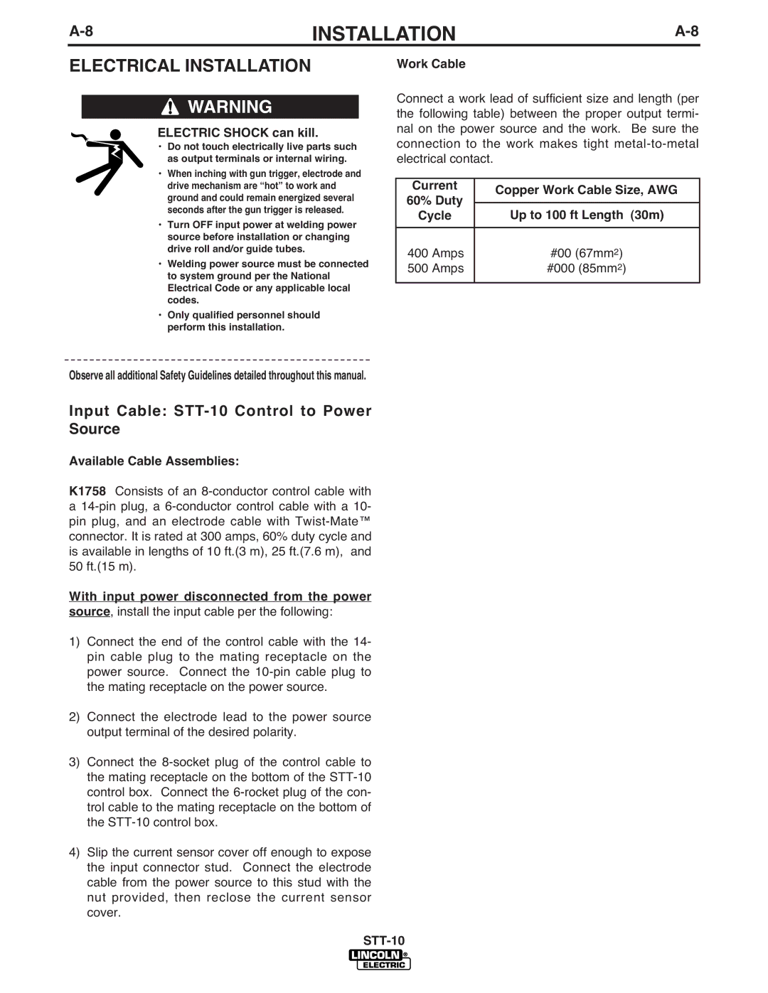 Lincoln Electric IM586-B manual Electrical Installation, Input Cable STT-10 Control to Power Source 