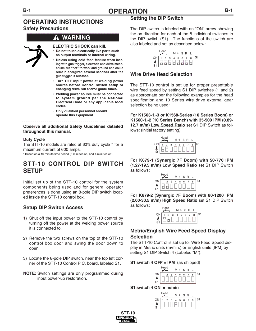 Lincoln Electric IM586-B manual Operation, Operating Instructions, STT-10 Control DIP Switch Setup 