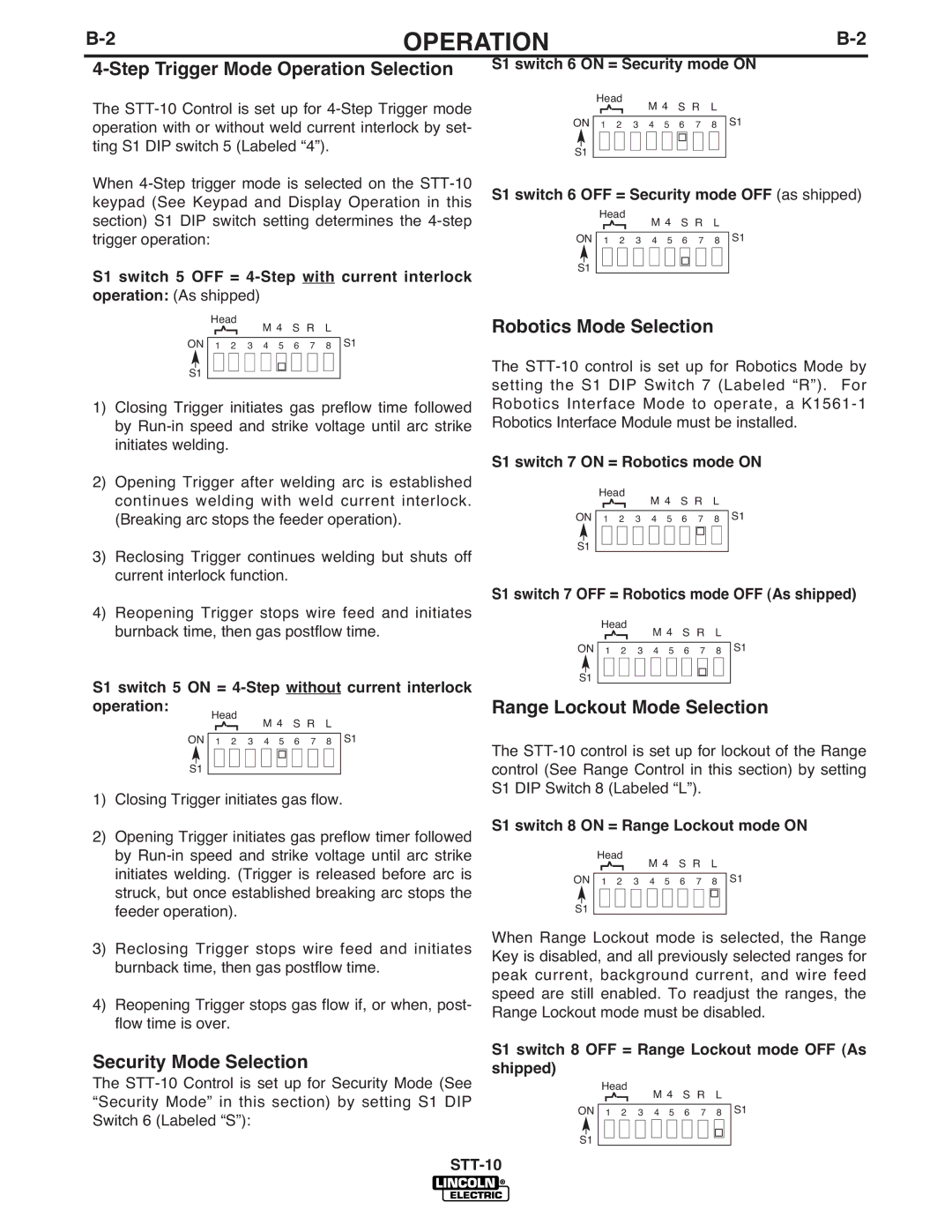 Lincoln Electric IM586-B manual Step Trigger Mode Operation Selection, Security Mode Selection, Robotics Mode Selection 