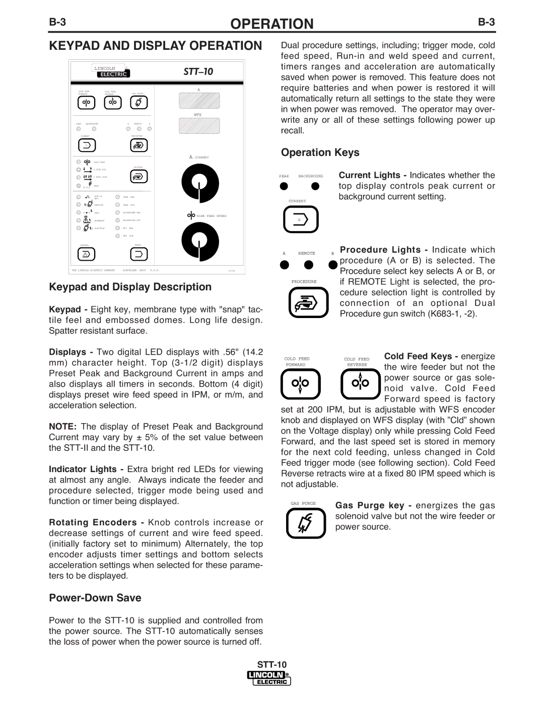 Lincoln Electric IM586-B Keypad and Display Operation, Operation Keys, Keypad and Display Description, Power-Down Save 