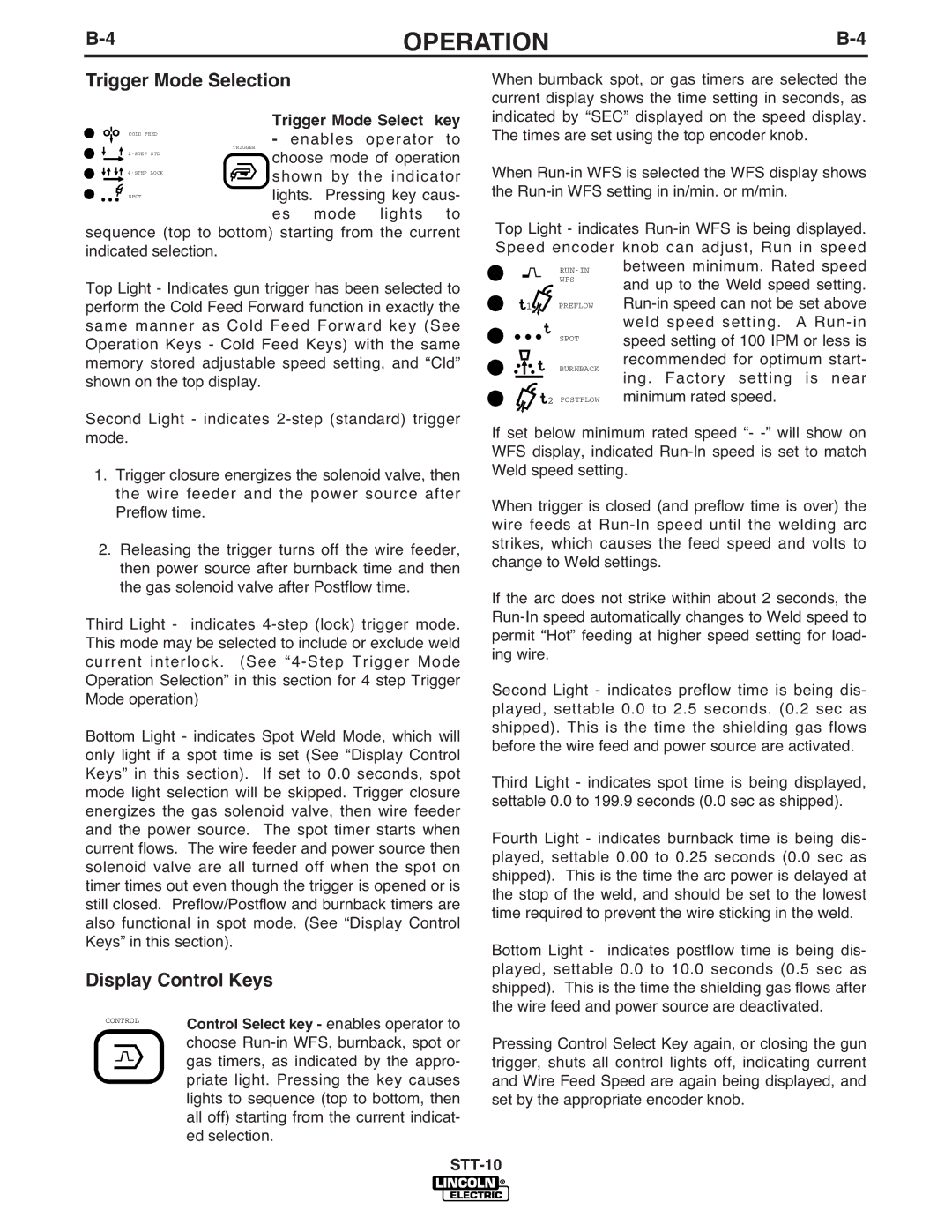 Lincoln Electric IM586-B manual Trigger Mode Selection, Display Control Keys, Trigger Mode Select Key 