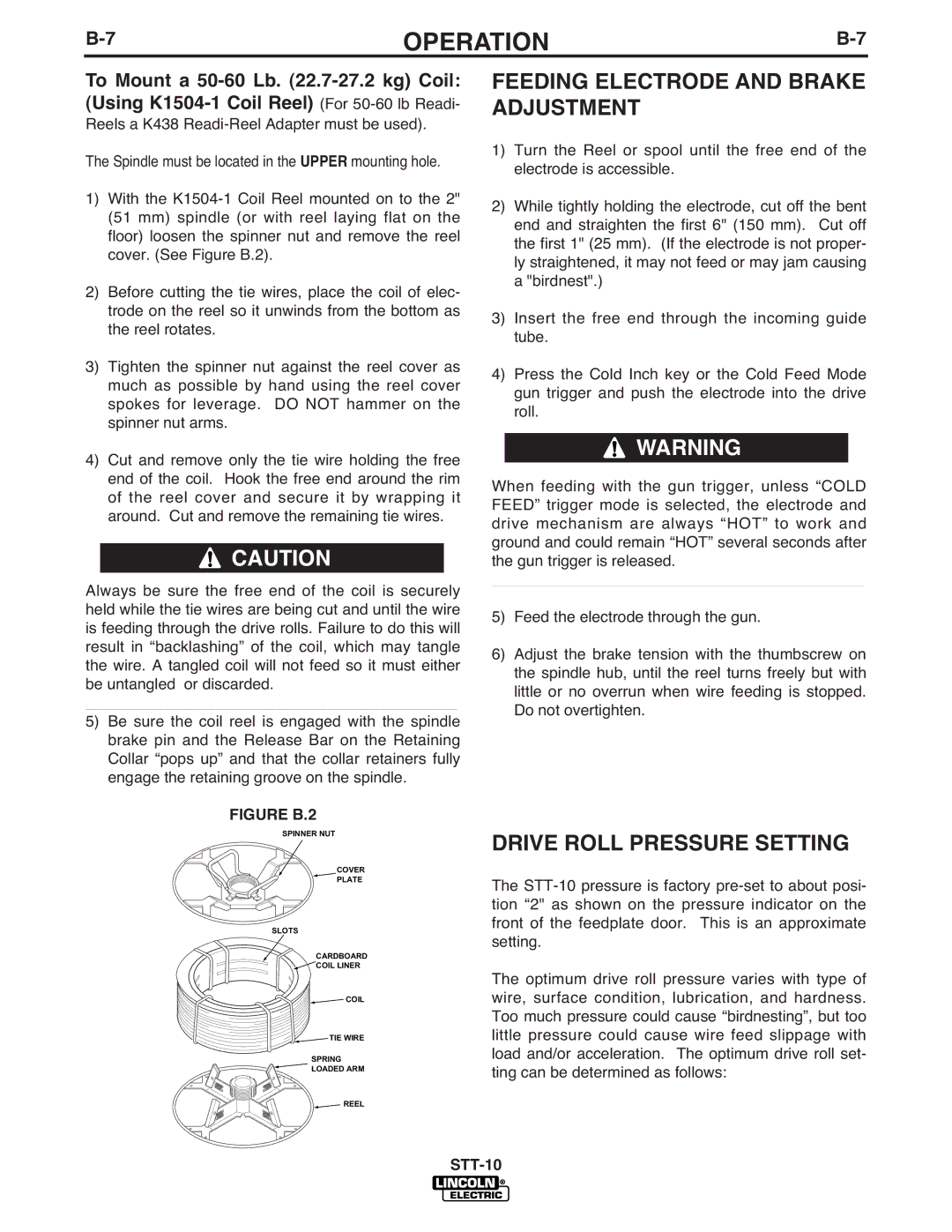 Lincoln Electric IM586-B manual Feeding Electrode and Brake Adjustment, Drive Roll Pressure Setting 