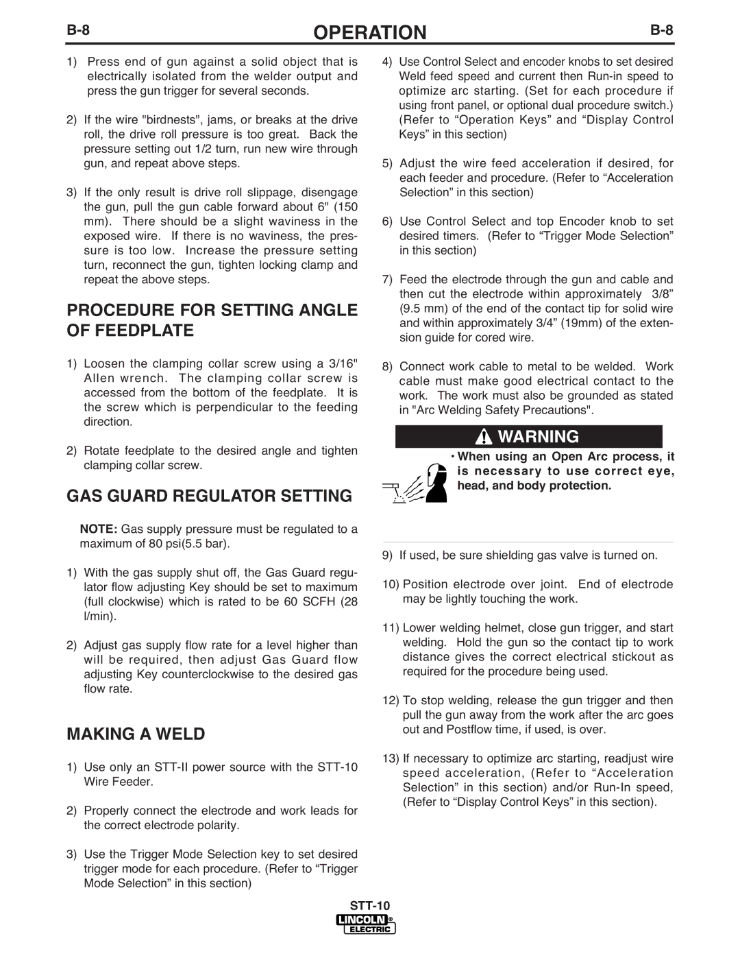 Lincoln Electric IM586-B manual Procedure for Setting Angle of Feedplate, GAS Guard Regulator Setting, Making a Weld 