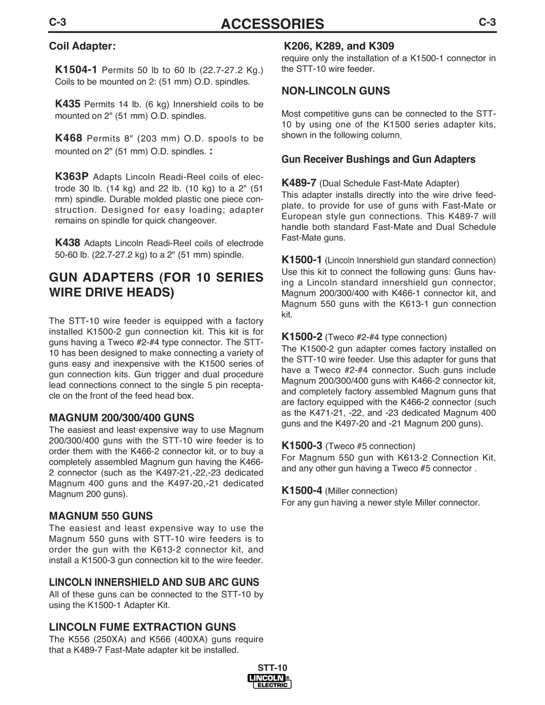 Lincoln Electric IM586-B manual GUN Adapters for 10 Series Wire Drive Heads, Coil Adapter, Magnum 200/300/400 Guns 
