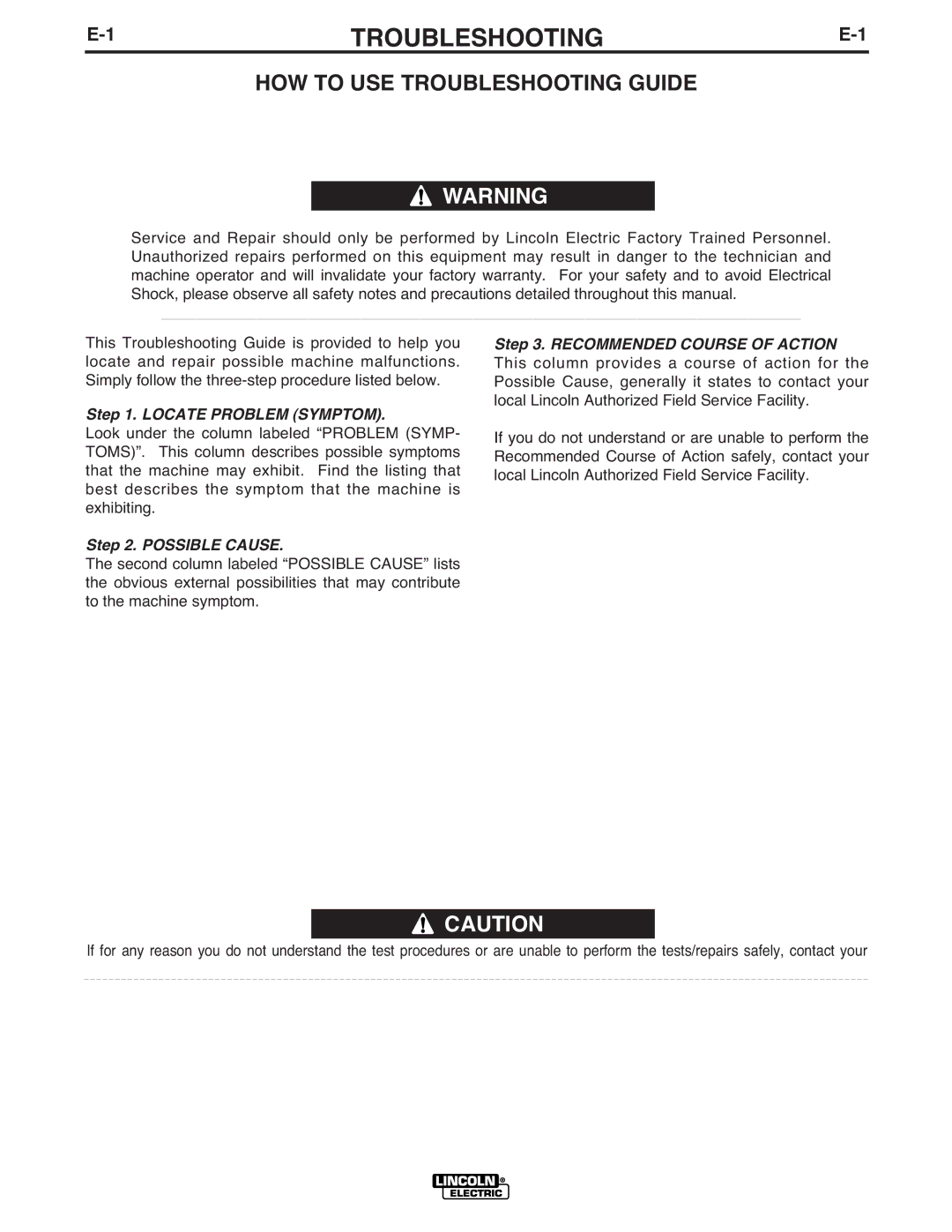 Lincoln Electric IM586-B manual HOW to USE Troubleshooting Guide 