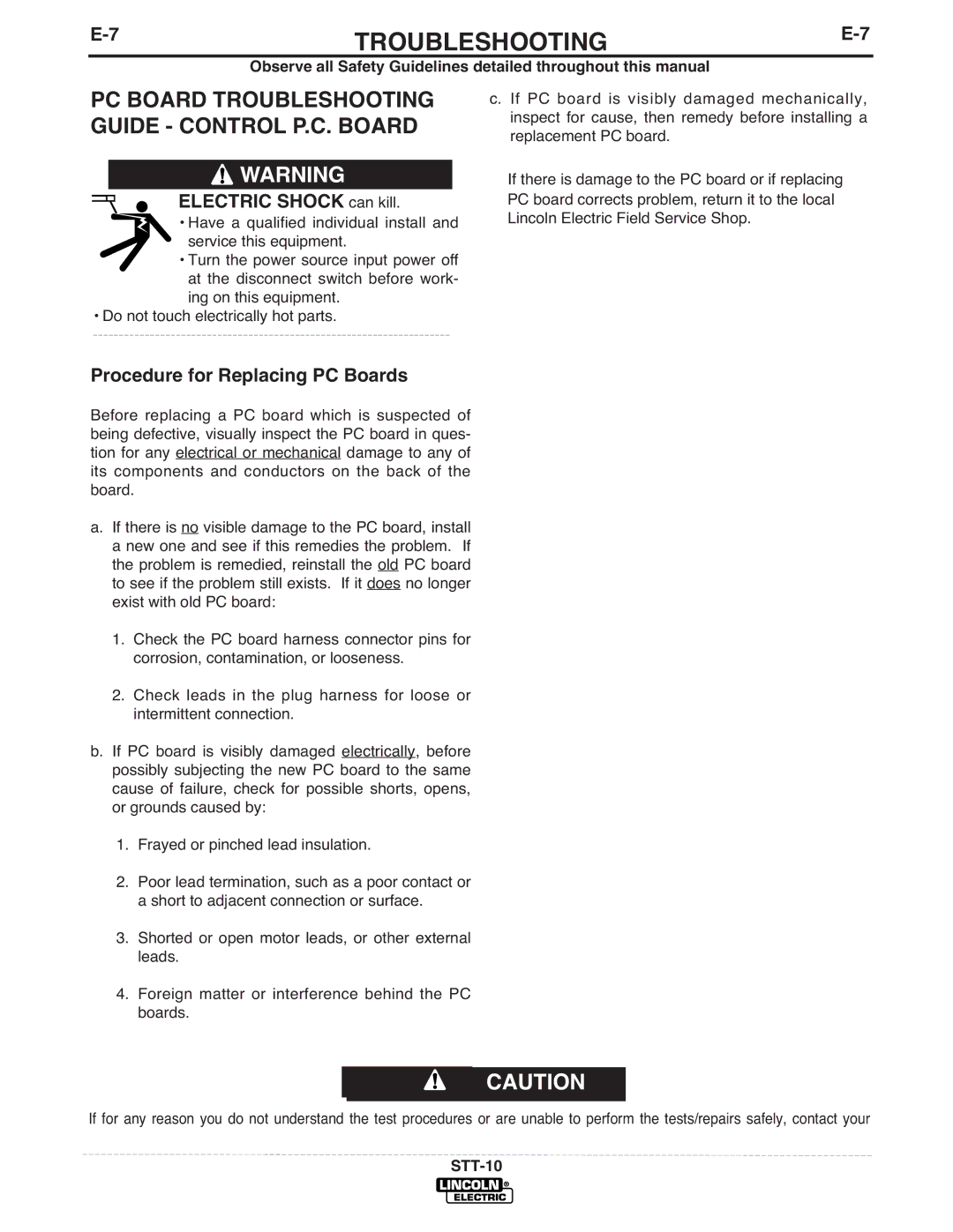 Lincoln Electric IM586-B manual Electric Shock can kill, Procedure for Replacing PC Boards 