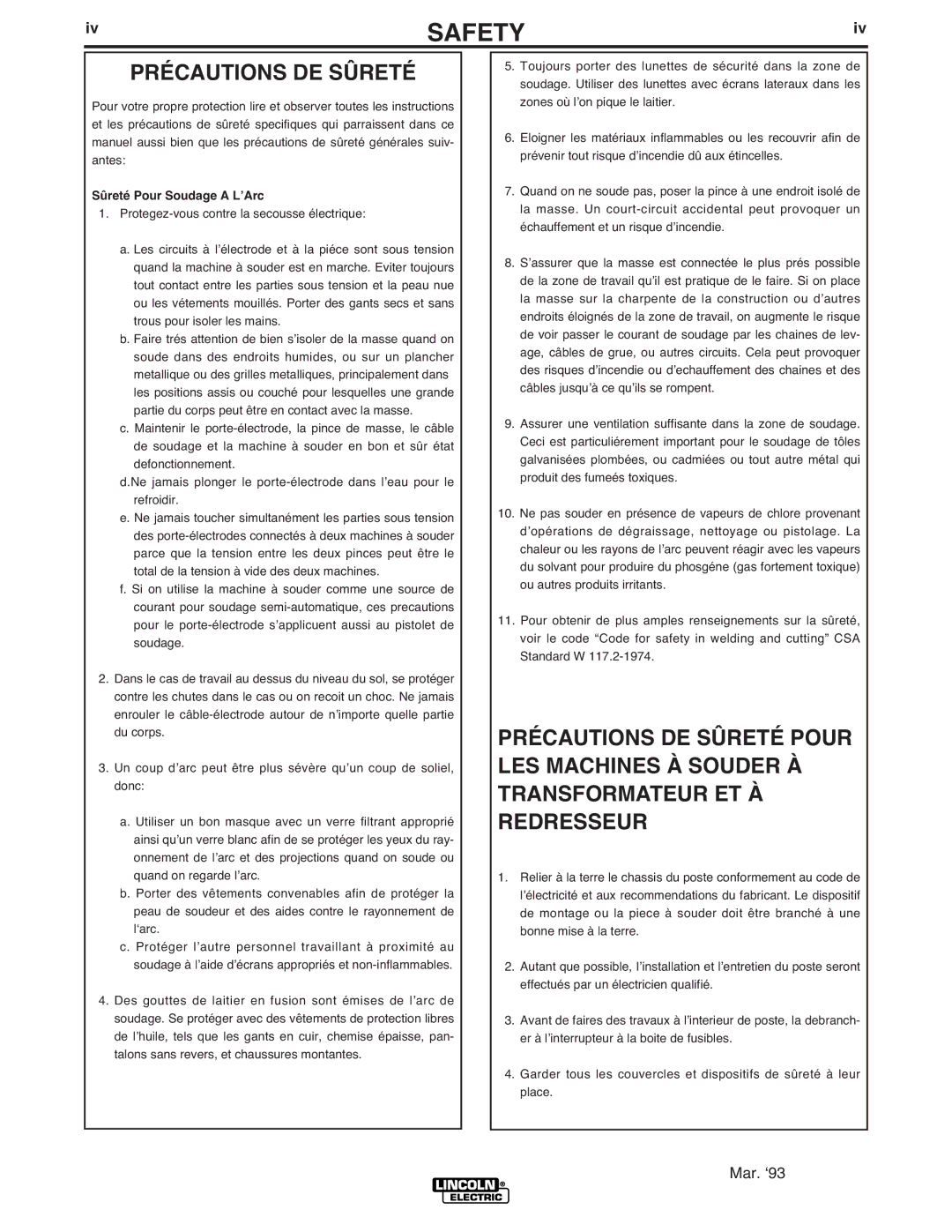 Lincoln Electric IM586-B manual Précautions DE Sûreté, Sûreté Pour Soudage a LʼArc 