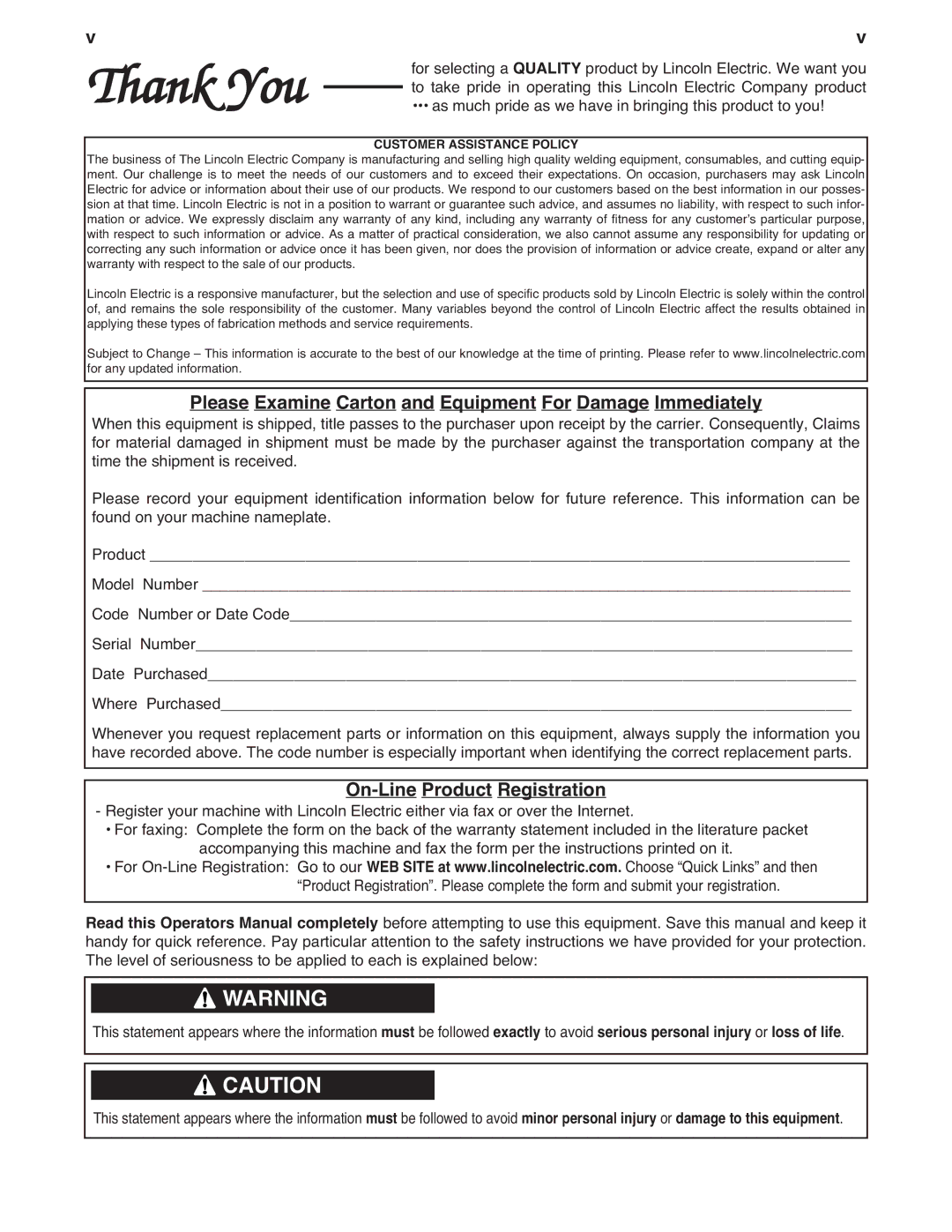 Lincoln Electric IM586-B manual Please Examine Carton and Equipment For Damage Immediately, On-Line Product Registration 