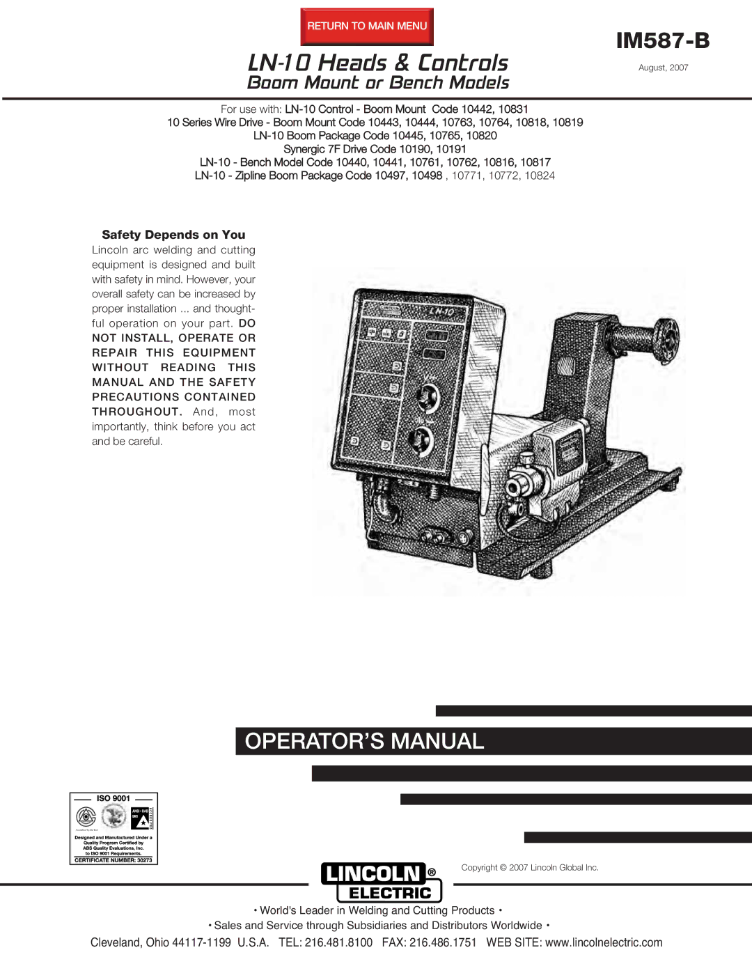 Lincoln Electric manual LN-10 Heads & Controls IM587-B 