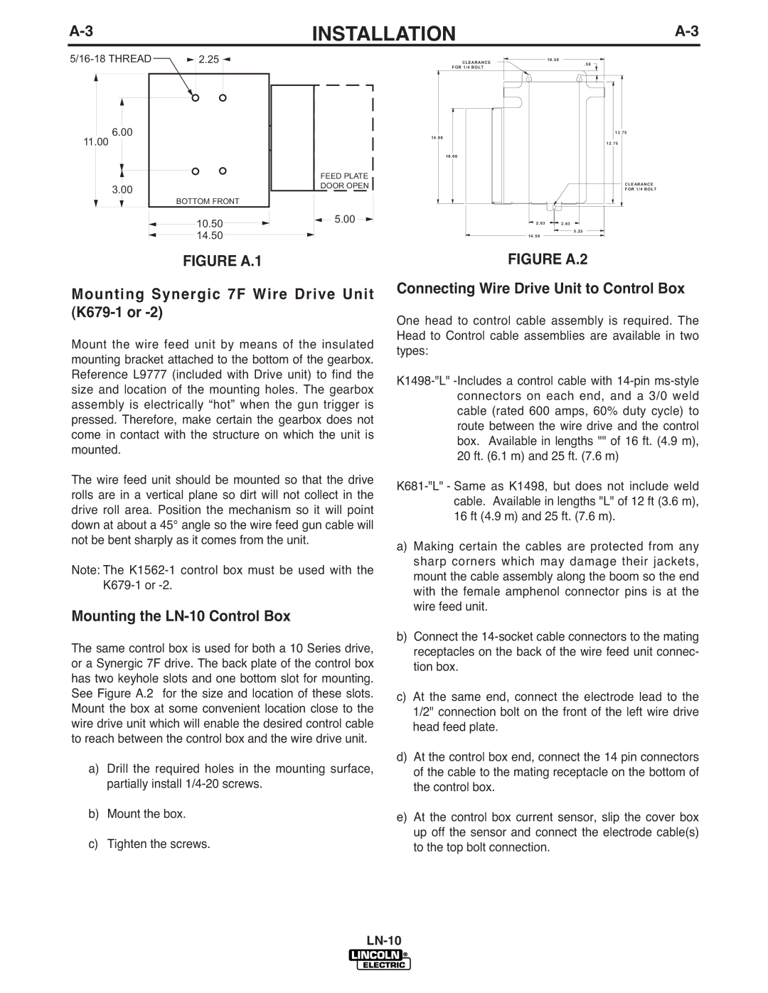 Lincoln Electric IM587-B manual Mounting Synergic 7F Wire Drive Unit K679-1 or, Mounting the LN-10 Control Box 