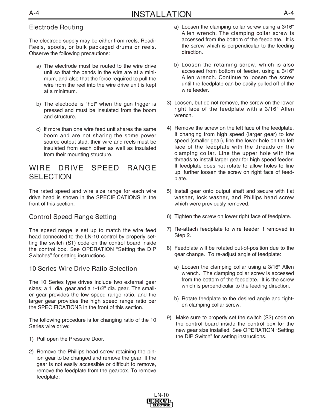 Lincoln Electric IM587-B manual Wire Drive Speed Range Selection, Electrode Routing, Control Speed Range Setting 