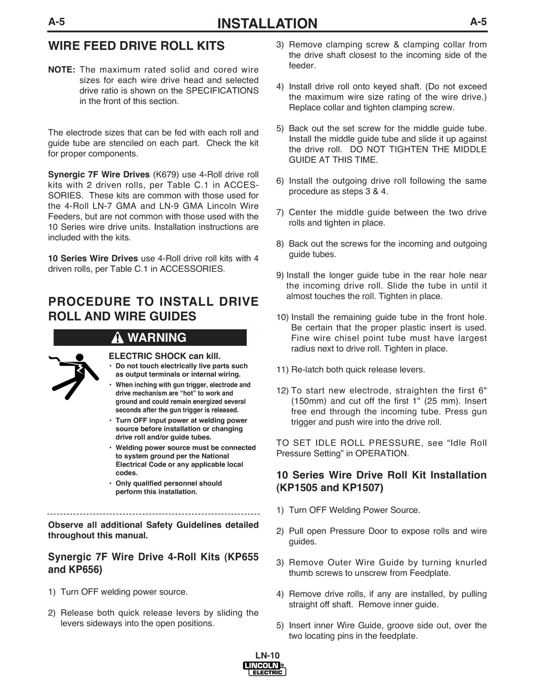 Lincoln Electric IM587-B manual Wire Feed Drive Roll Kits, Procedure to Install Drive Roll and Wire Guides 