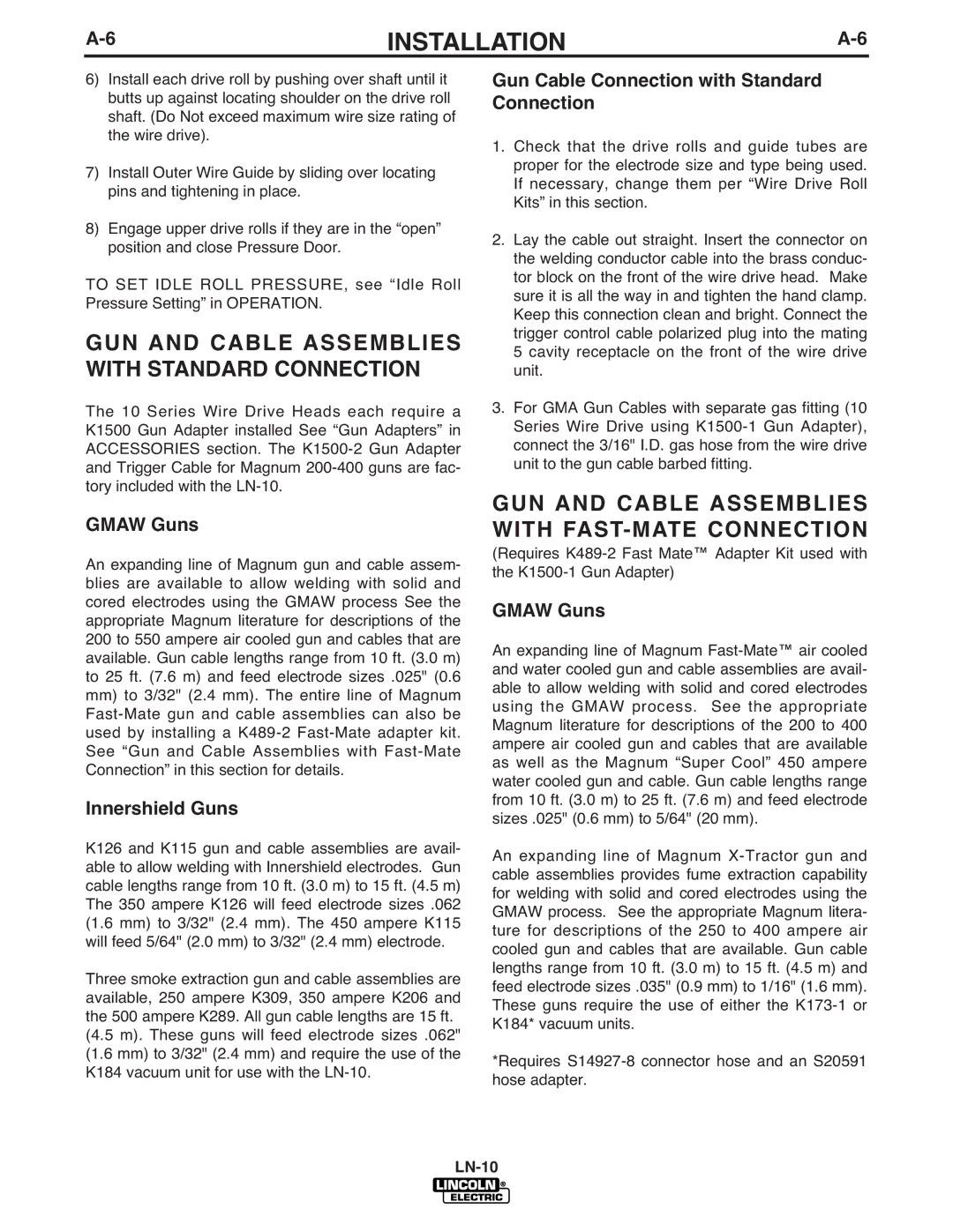 Lincoln Electric IM587-B manual GUN and Cable Assemblies with Standard Connection, Gmaw Guns, Innershield Guns 