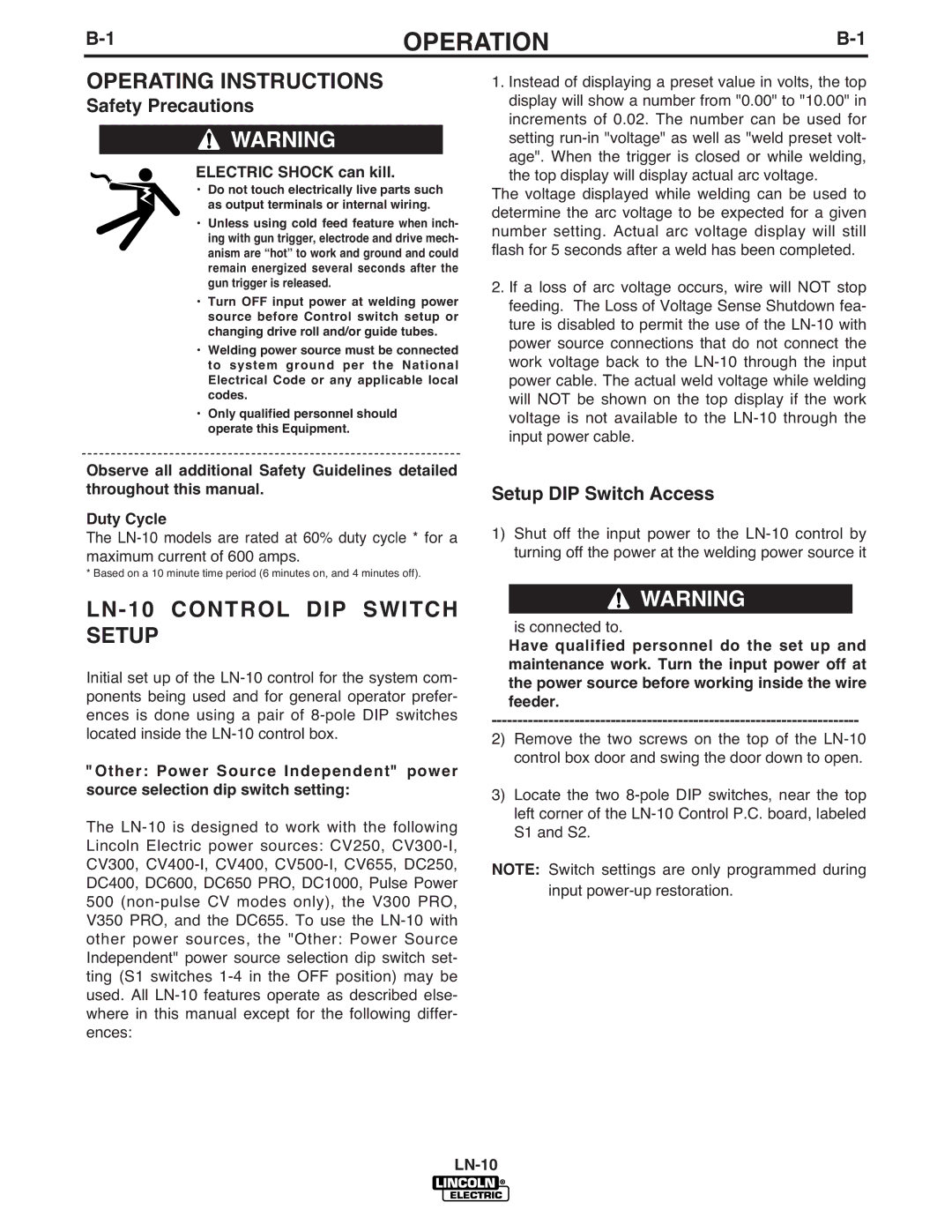 Lincoln Electric IM587-B manual Operating Instructions, LN-10 Control DIP Switch Setup, Safety Precautions 