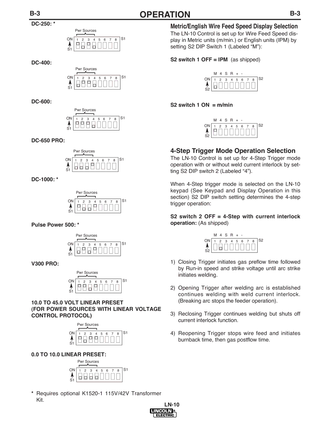 Lincoln Electric IM587-B manual Metric/English Wire Feed Speed Display Selection, Step Trigger Mode Operation Selection 