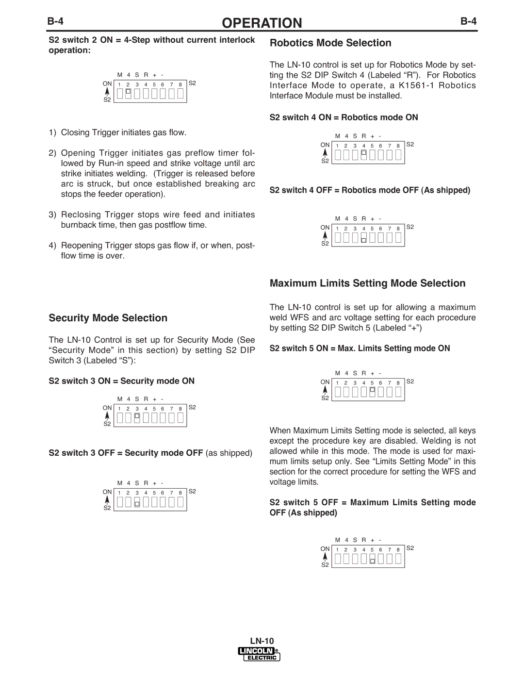 Lincoln Electric IM587-B manual Robotics Mode Selection, Security Mode Selection, Maximum Limits Setting Mode Selection 