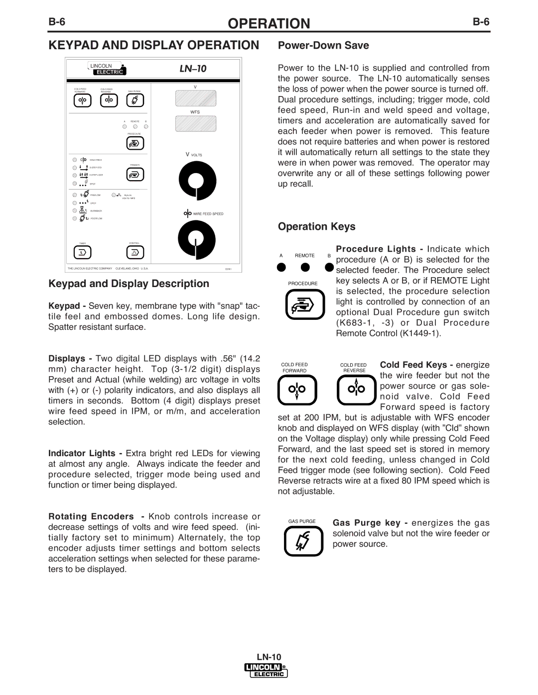 Lincoln Electric IM587-B Keypad and Display Operation, Keypad and Display Description, Power-Down Save, Operation Keys 