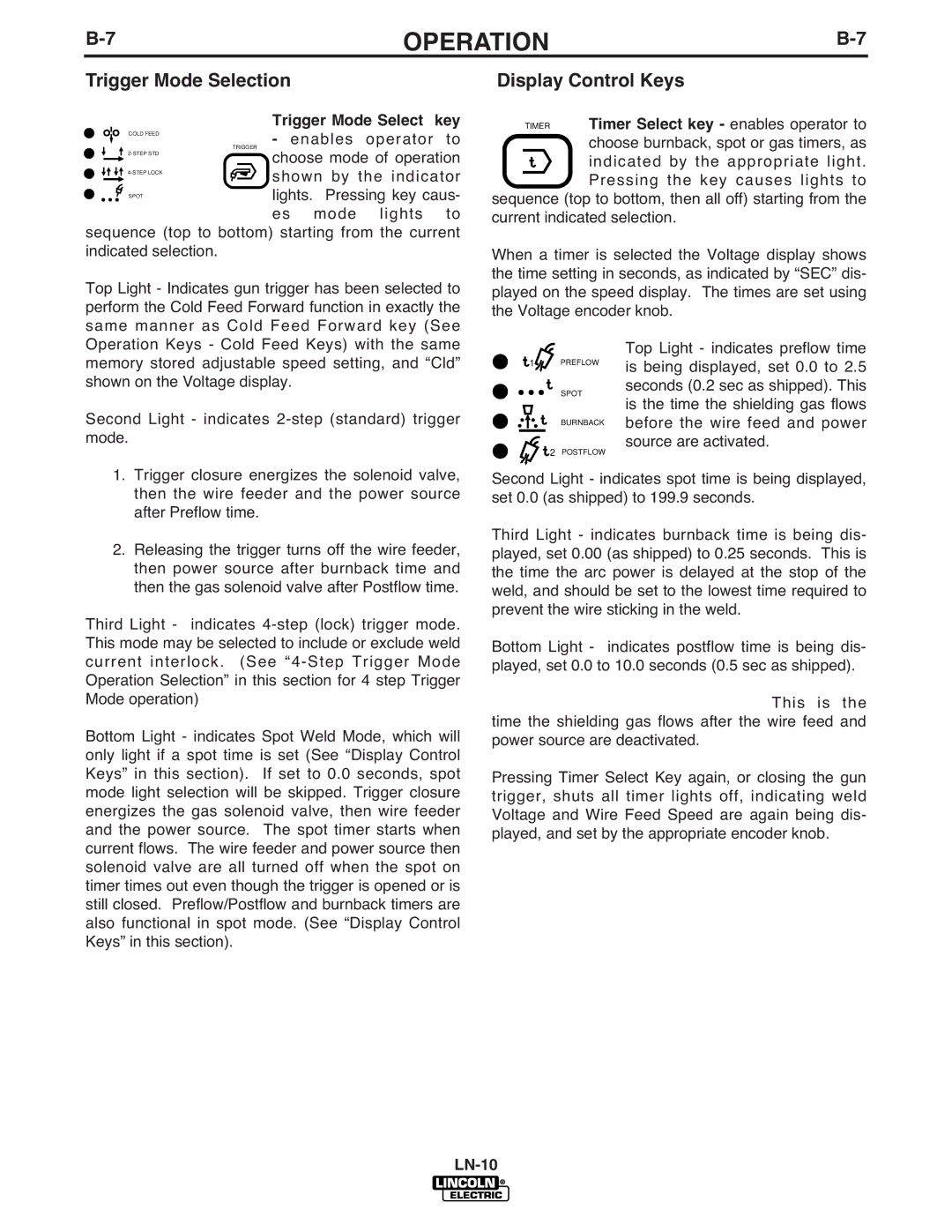 Lincoln Electric IM587-B manual Trigger Mode Selection, Display Control Keys, Trigger Mode Select Key 