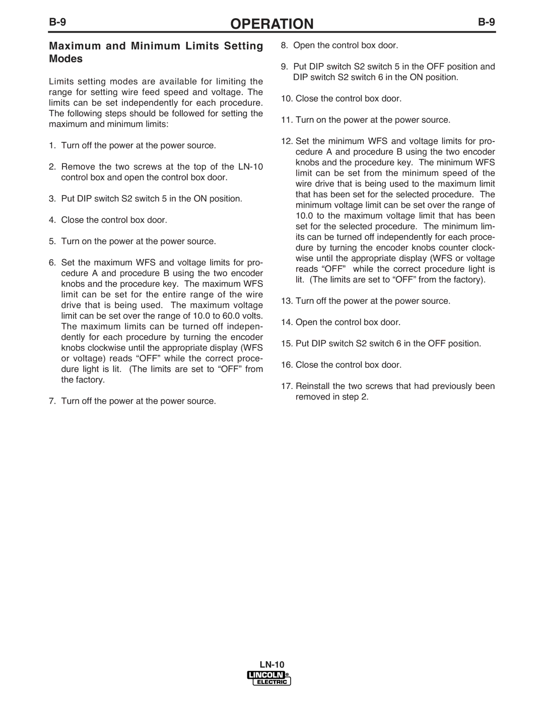 Lincoln Electric IM587-B manual Maximum and Minimum Limits Setting Modes 