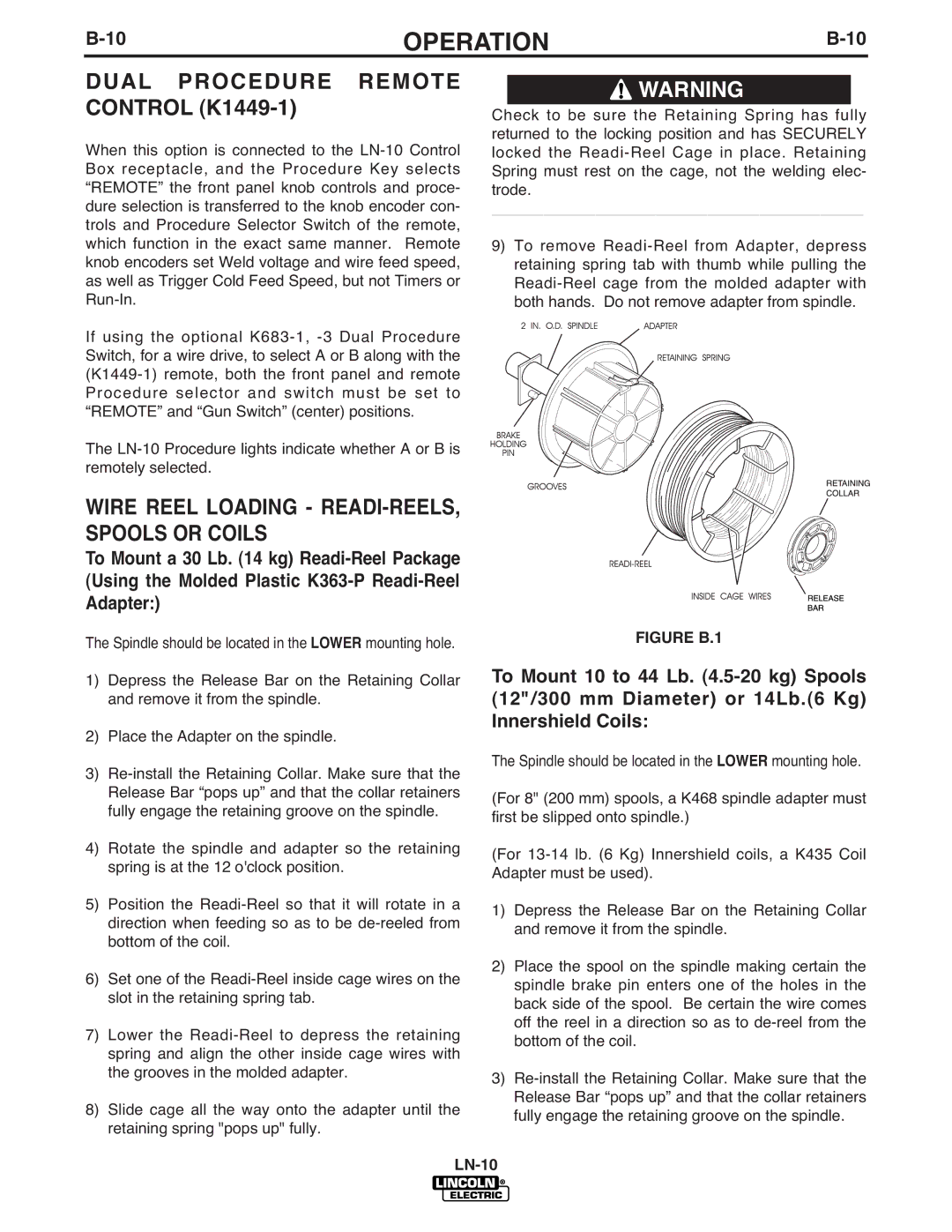 Lincoln Electric IM587-B manual Dual Procedure Remote Control K1449-1, Wire Reel Loading READI-REELS, Spools or Coils 