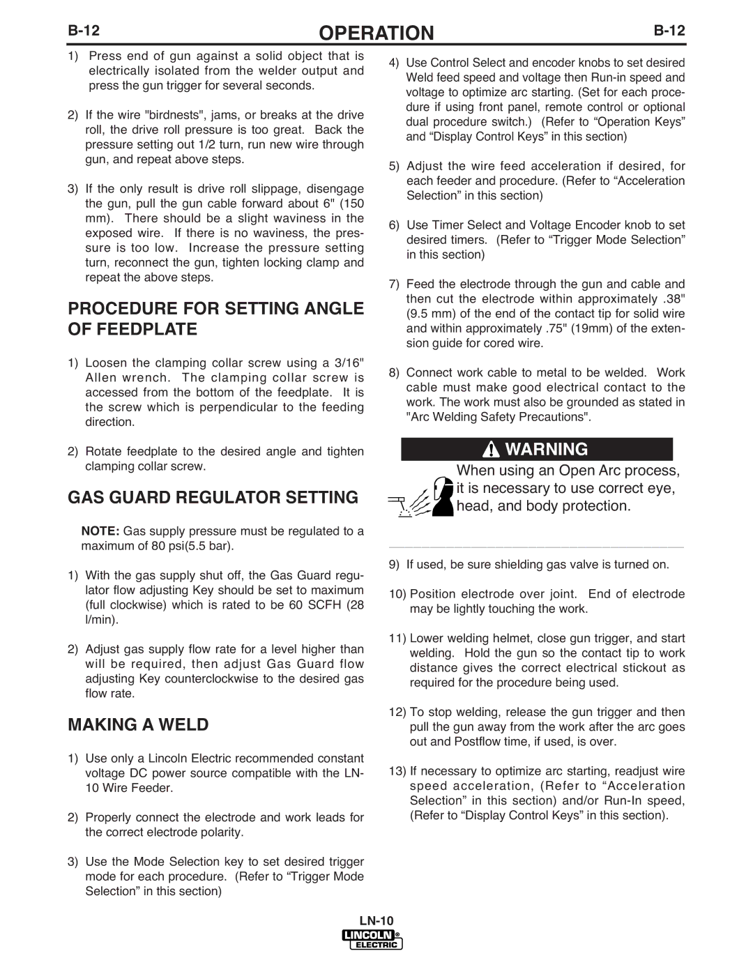 Lincoln Electric IM587-B manual Procedure for Setting Angle of Feedplate, GAS Guard Regulator Setting, Making a Weld 