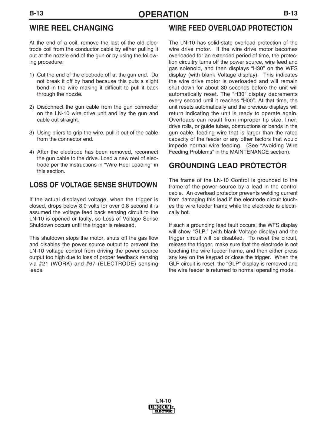 Lincoln Electric IM587-B manual Wire Reel Changing, Wire Feed Overload Protection, Grounding Lead Protector 