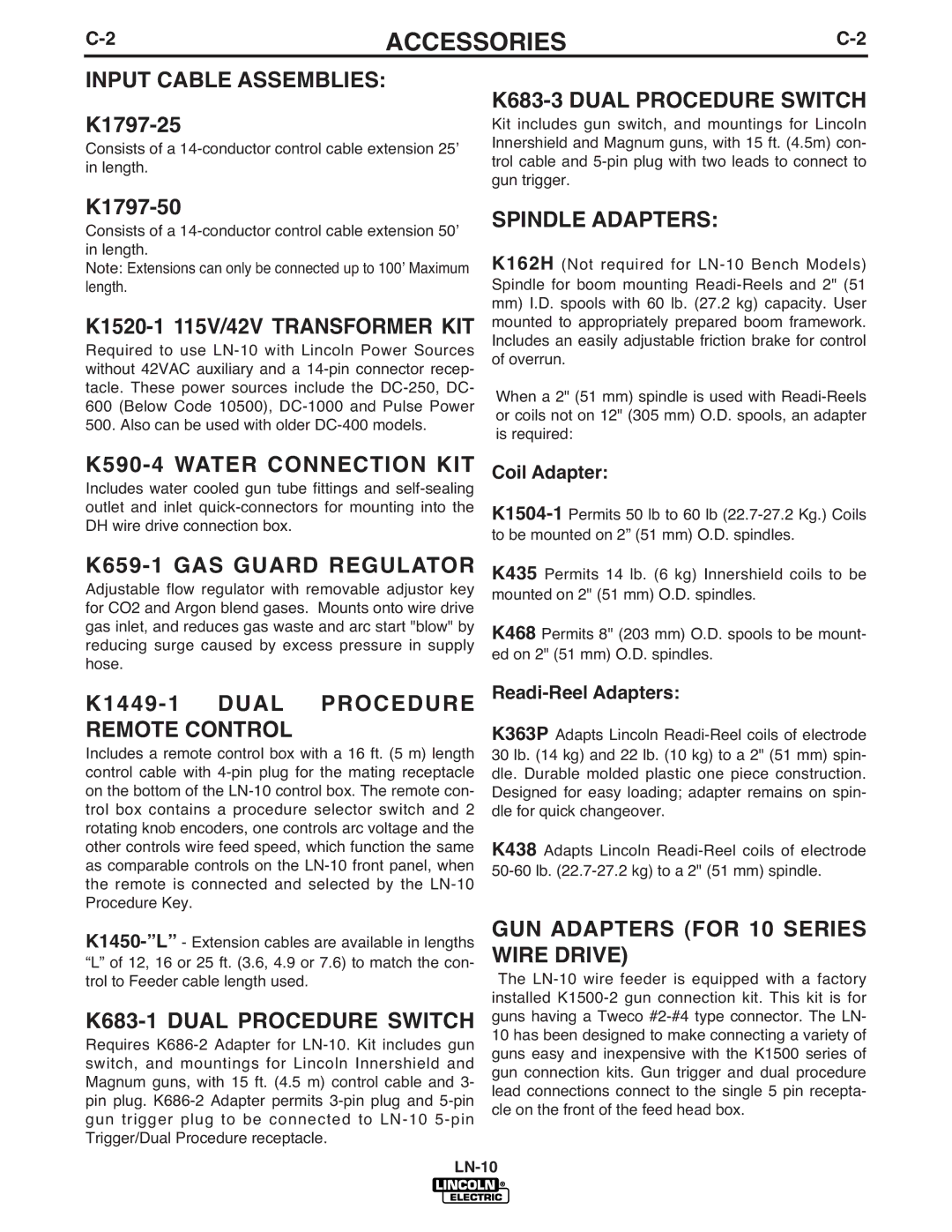 Lincoln Electric IM587-B manual Input Cable Assemblies, K683-3 Dual Procedure Switch, Spindle Adapters 