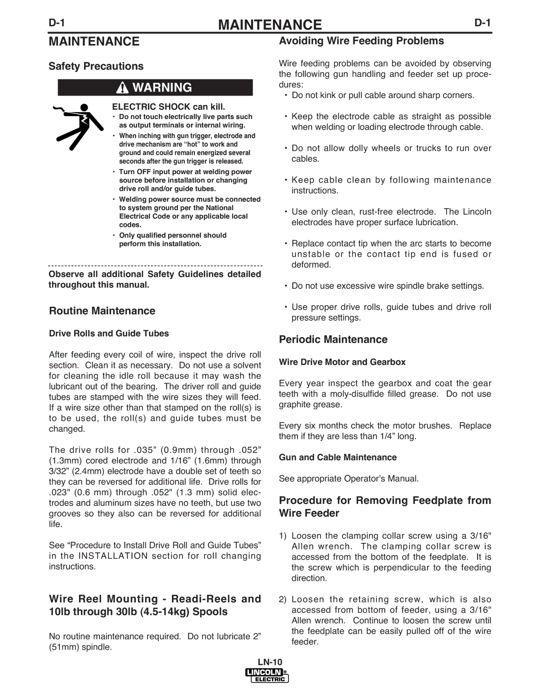 Lincoln Electric IM587-B manual Routine Maintenance, Avoiding Wire Feeding Problems, Periodic Maintenance 