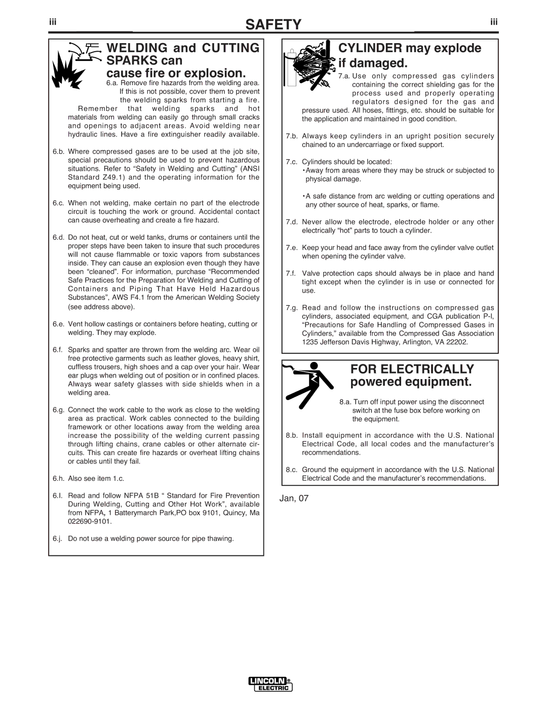 Lincoln Electric IM587-B manual Welding and Cutting Sparks can Cause fire or explosion, Iii 