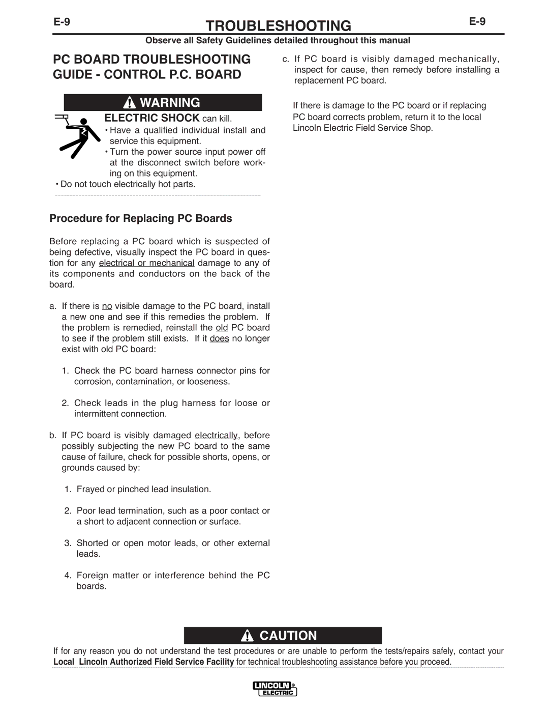 Lincoln Electric IM587-B manual Electric Shock can kill, Procedure for Replacing PC Boards 