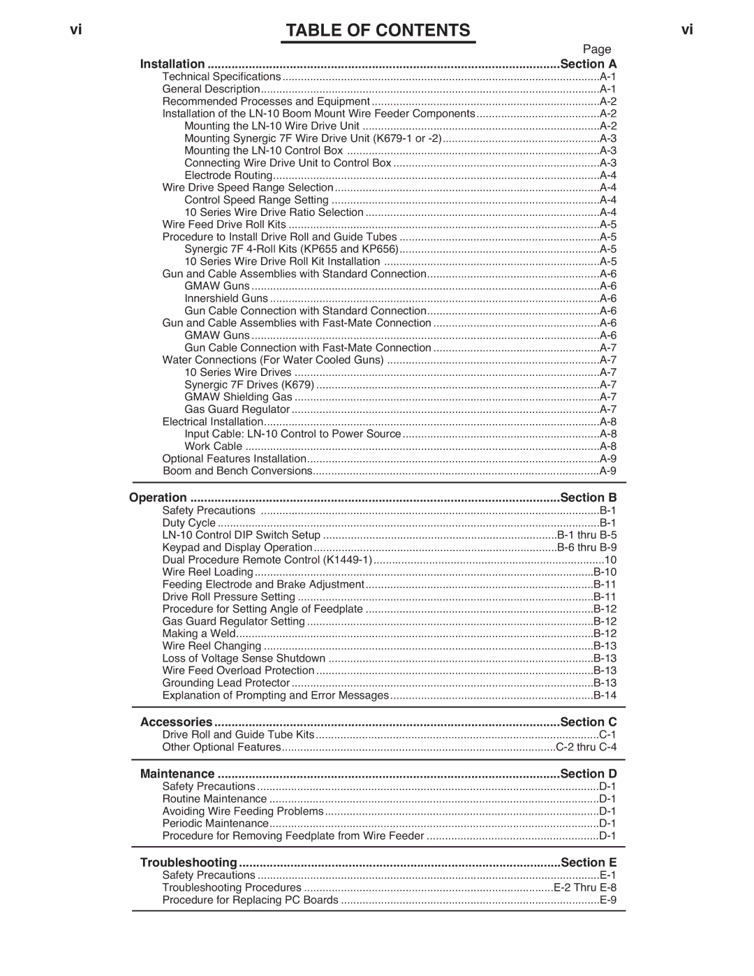 Lincoln Electric IM587-B manual Table of Contents 