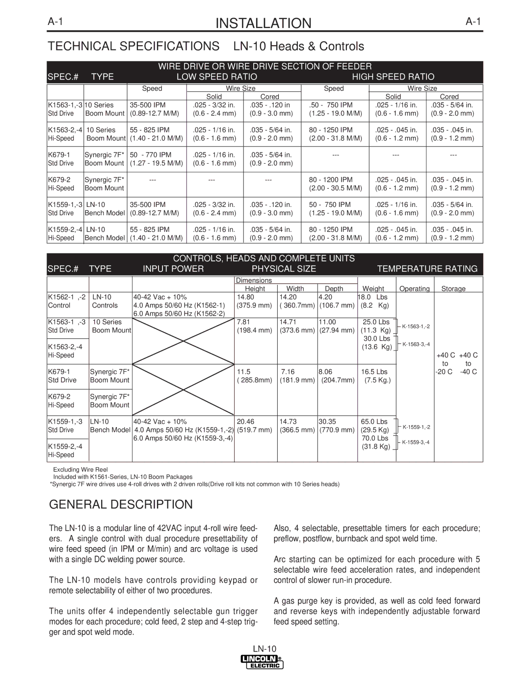 Lincoln Electric IM587-B manual General Description, LN-10 