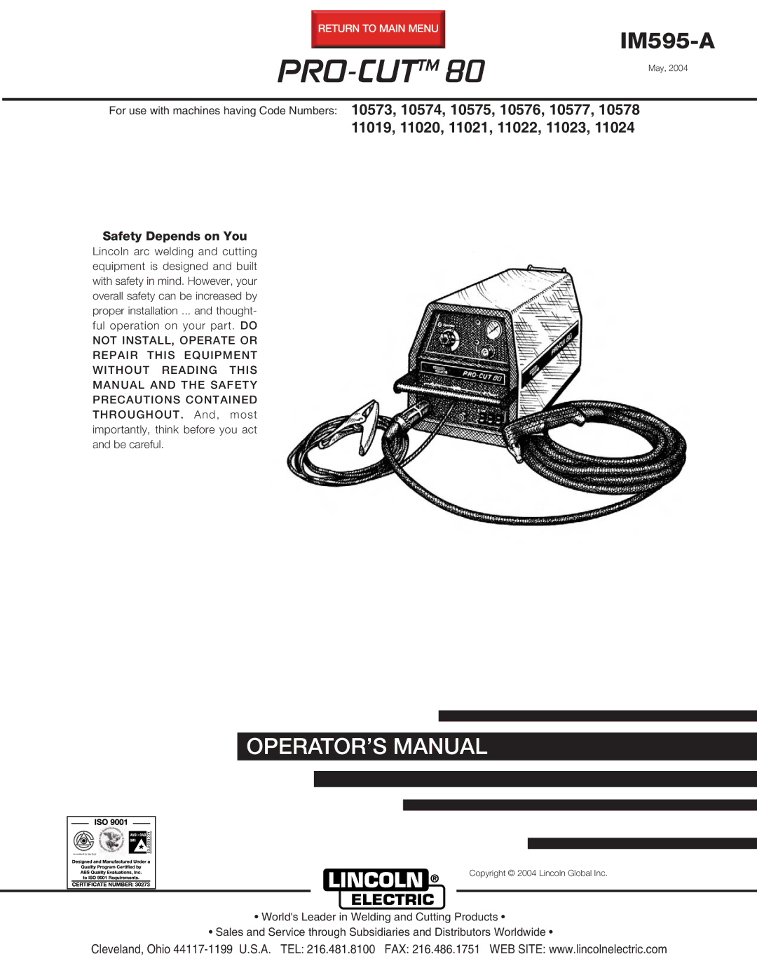 Lincoln Electric IM595-A manual PRO-CUTTM80, Safety Depends on You 