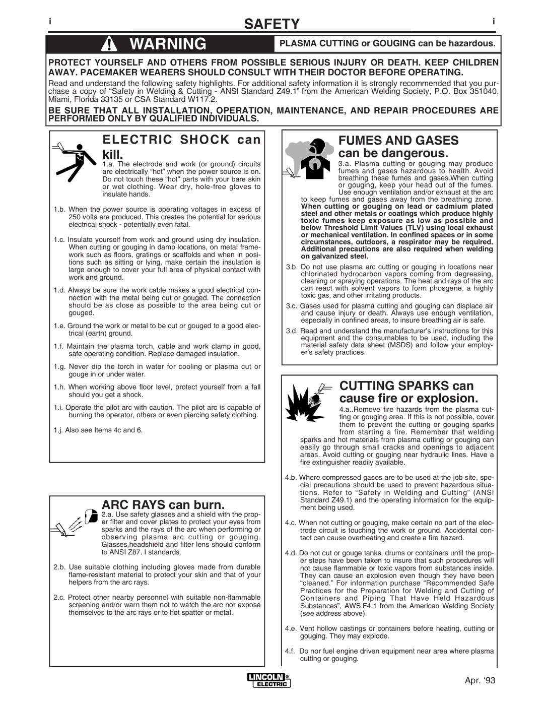 Lincoln Electric IM595-A manual Safety, Plasma Cutting or Gouging can be hazardous 