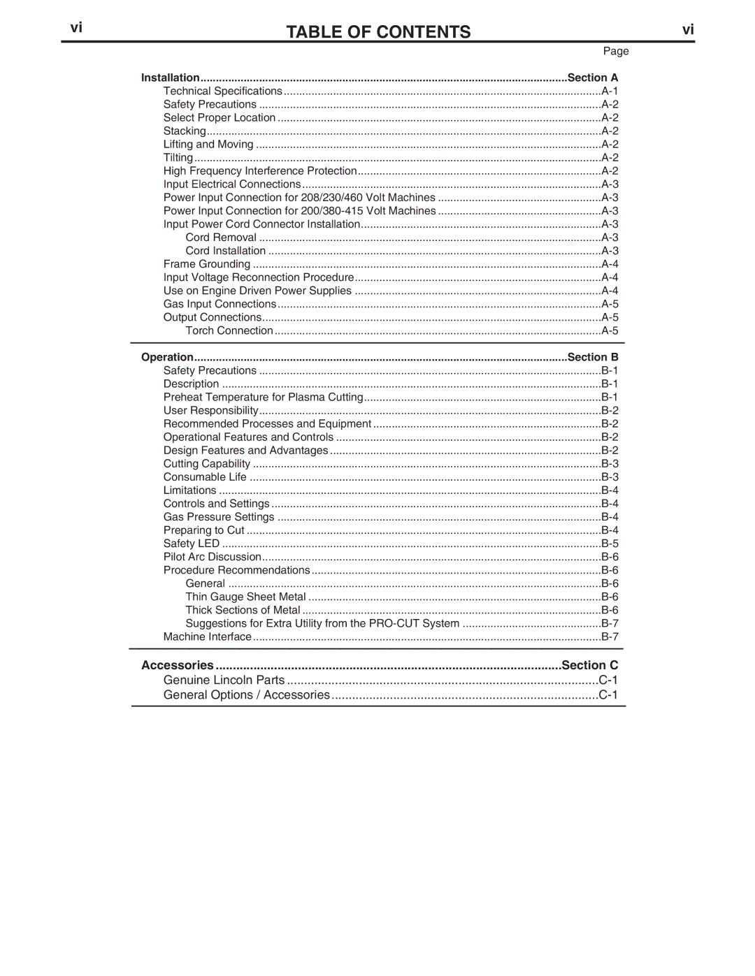 Lincoln Electric IM595-A manual Table of Contents 