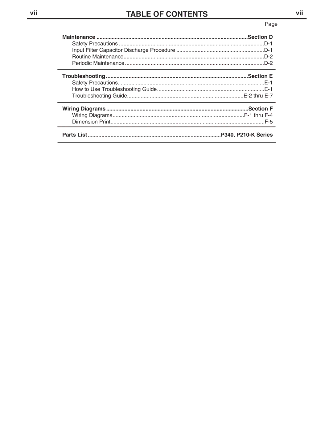 Lincoln Electric IM595-A manual Section D, Section E, Section F, P340, P210-K Series 