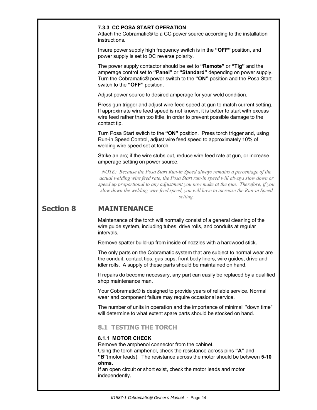 Lincoln Electric IM597 manual Testing the Torch, CC Posa Start Operation 