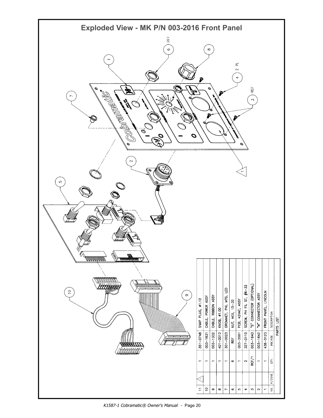 Lincoln Electric IM597 manual Exploded View MK P/N 003-2016 Front Panel 