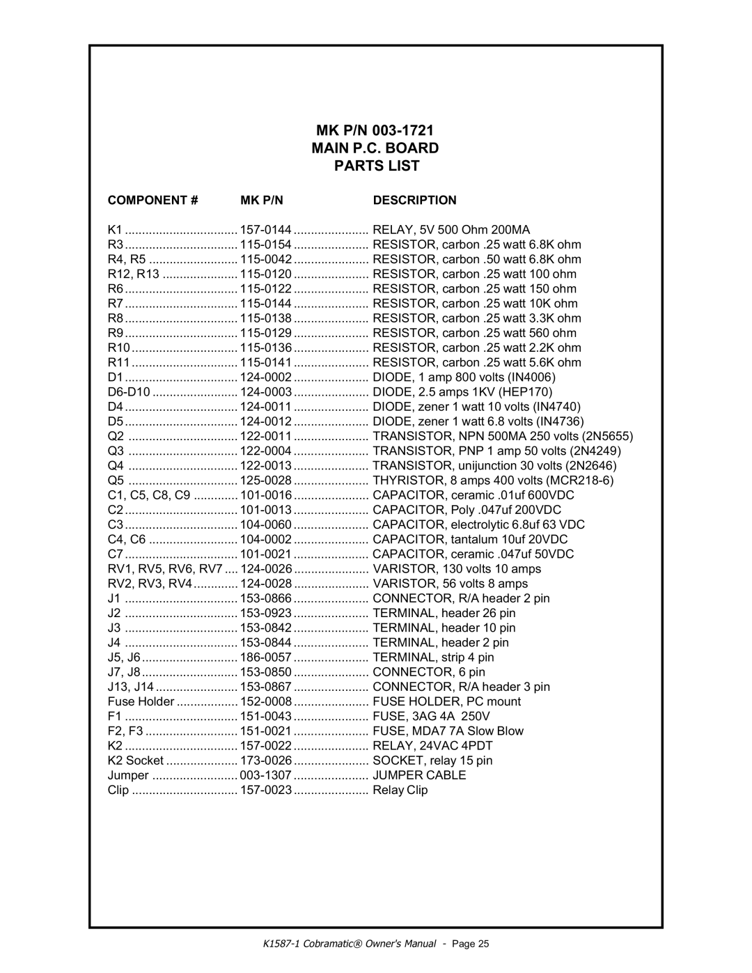 Lincoln Electric IM597 manual Main P.C. Board, Parts List 