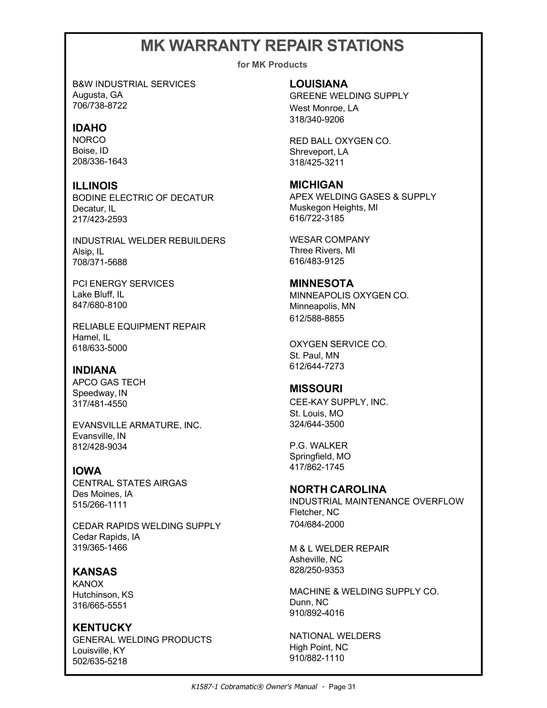 Lincoln Electric IM597 manual Idaho, Louisiana, Illinois, Indiana, Iowa, Kansas, Kentucky, Michigan, Minnesota, Missouri 