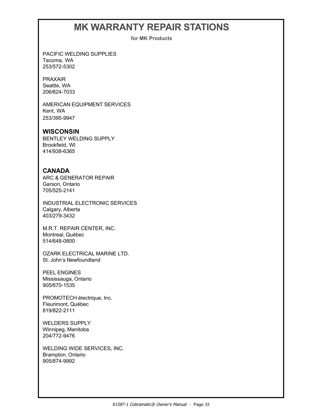 Lincoln Electric IM597 manual Wisconsin, Canada 