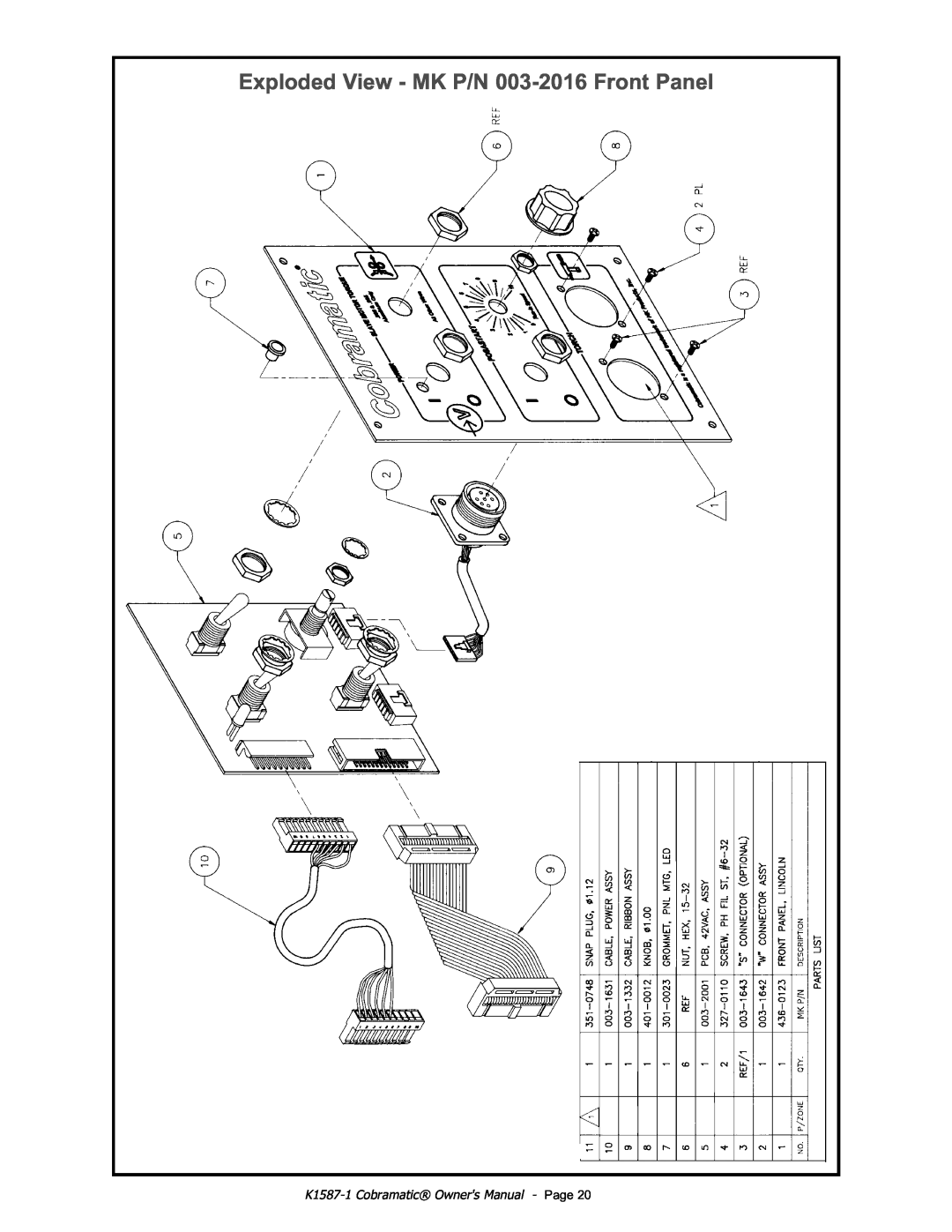 Lincoln Electric IM597 manual Exploded View - MK P/N 003-2016 Front Panel, K1587-1 Cobramatic Owners Manual - Page 