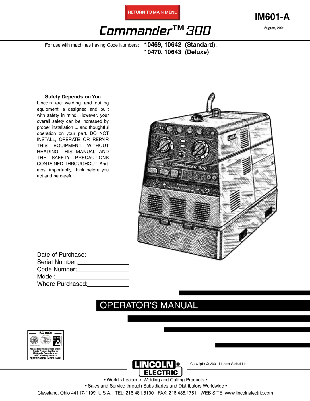 Lincoln Electric IM601-A manual Commander, Safety Depends on You 