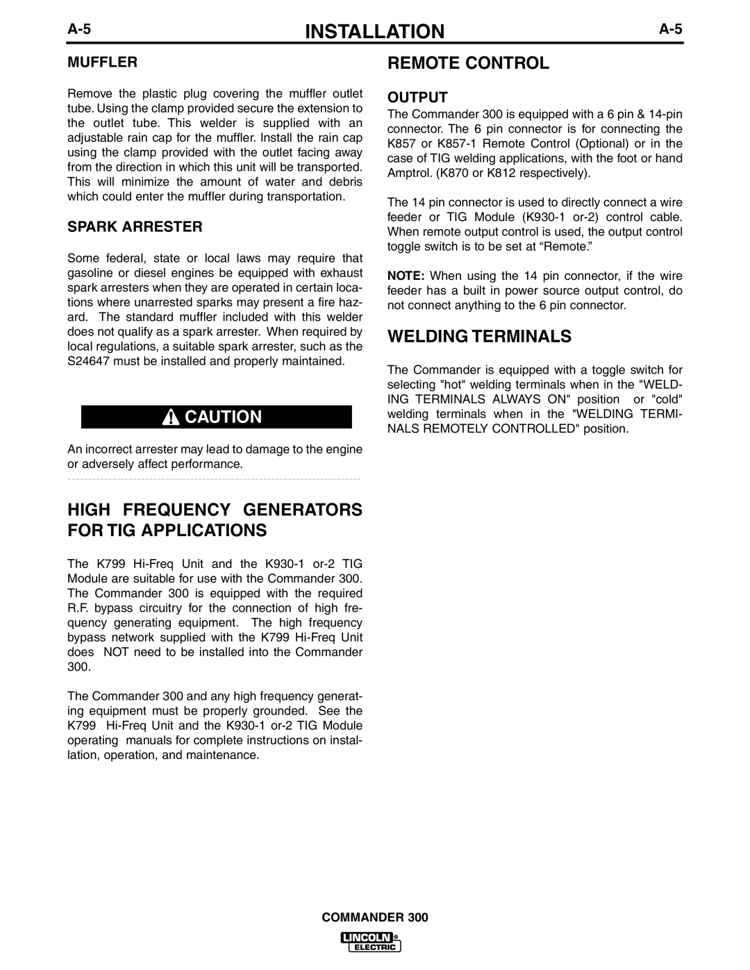 Lincoln Electric IM601-A manual High Frequency Generators for TIG Applications, Remote Control, Welding Terminals 