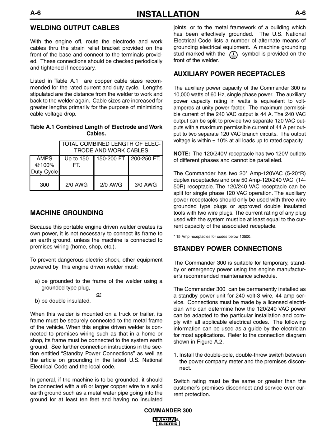 Lincoln Electric IM601-A Welding Output Cables, Machine Grounding, Auxiliary Power Receptacles, Standby Power Connections 