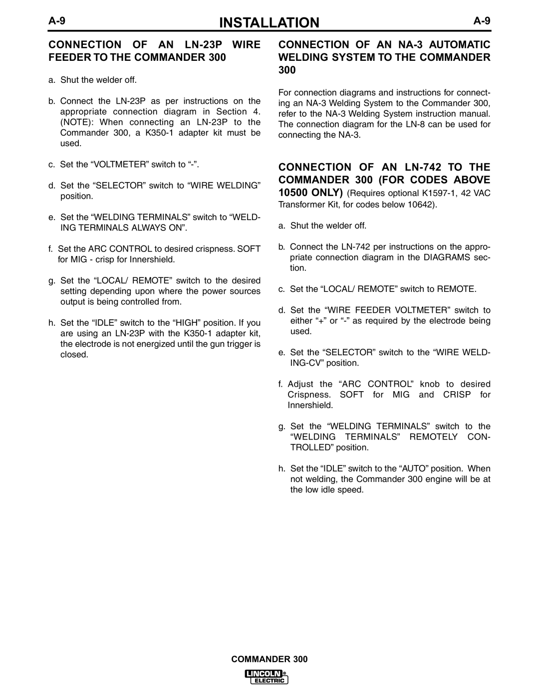 Lincoln Electric IM601-A manual Connection of AN LN-23P Wire Feeder to the Commander 